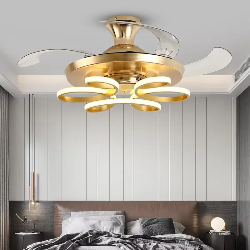 Modern LED Decorative Ceiling Fan with Light Invisible Chandelier Retractable Remote Control for Living Room Metal Body