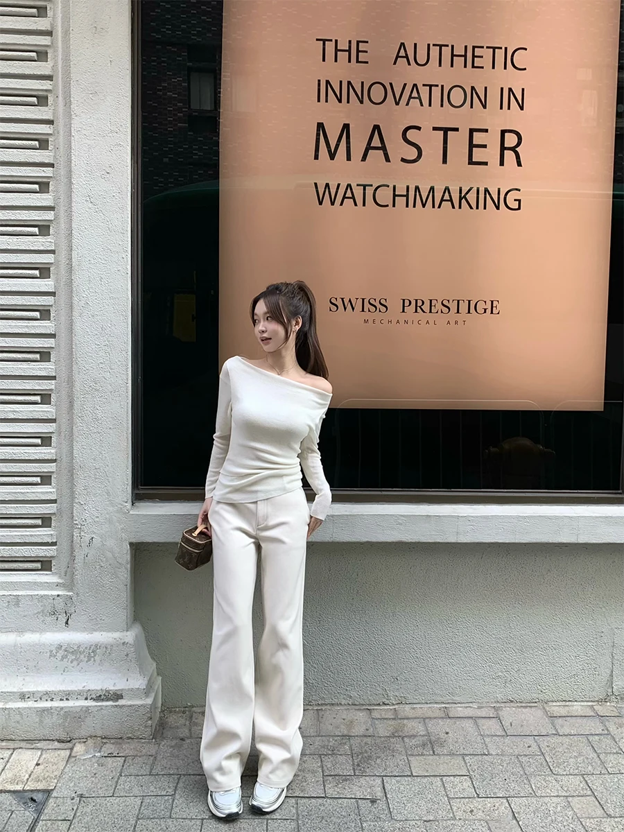 

Good Morning Fan Fan Tailored Woolen Wide Leg Pants Low Waist Straight Cut Casual Trousers for Women Spring White Pants