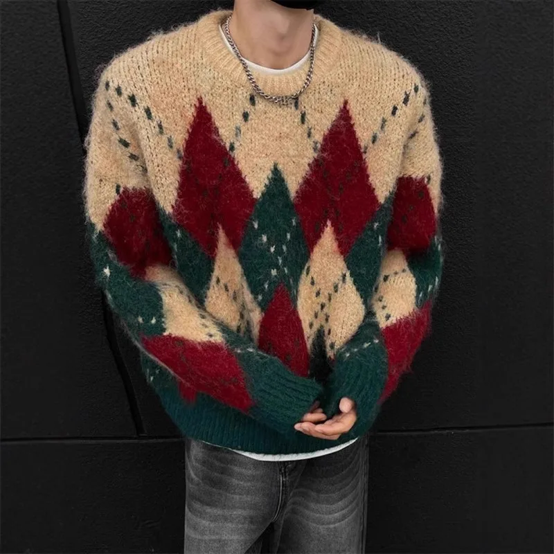 

Американский винтажный новый модный зимний 2025 мужской Argyle повседневный модный свободный вязаный свитер с длинными рукавами и круглым вырезом, мужская одежда, топы