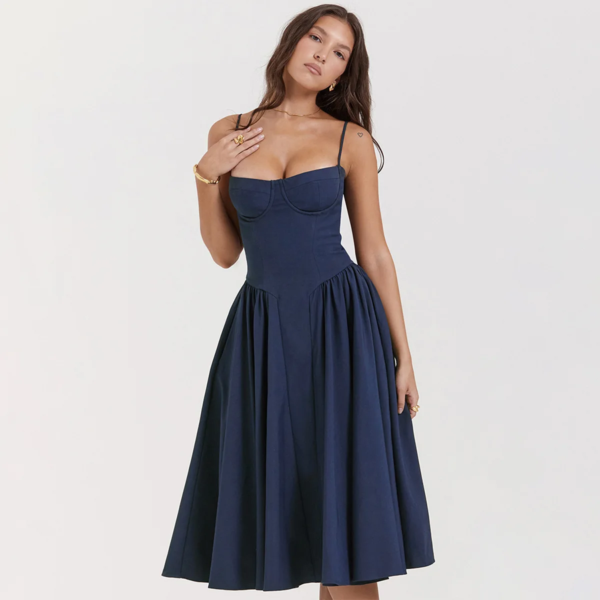 Sommer Frauen elegante ärmellose rücken freie Falten kleider Dame sexy feste Schlinge Midi-Kleid 2024 weibliche Party Abend A-Linie Roben – Detail 20