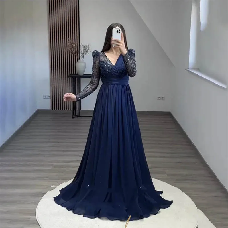 Stylish Navy Blue Evening Dresses Chiffon Glitter V-Neck Pleats Long Sleeves Prom Dresses Decal Beading Formal Party Gowns