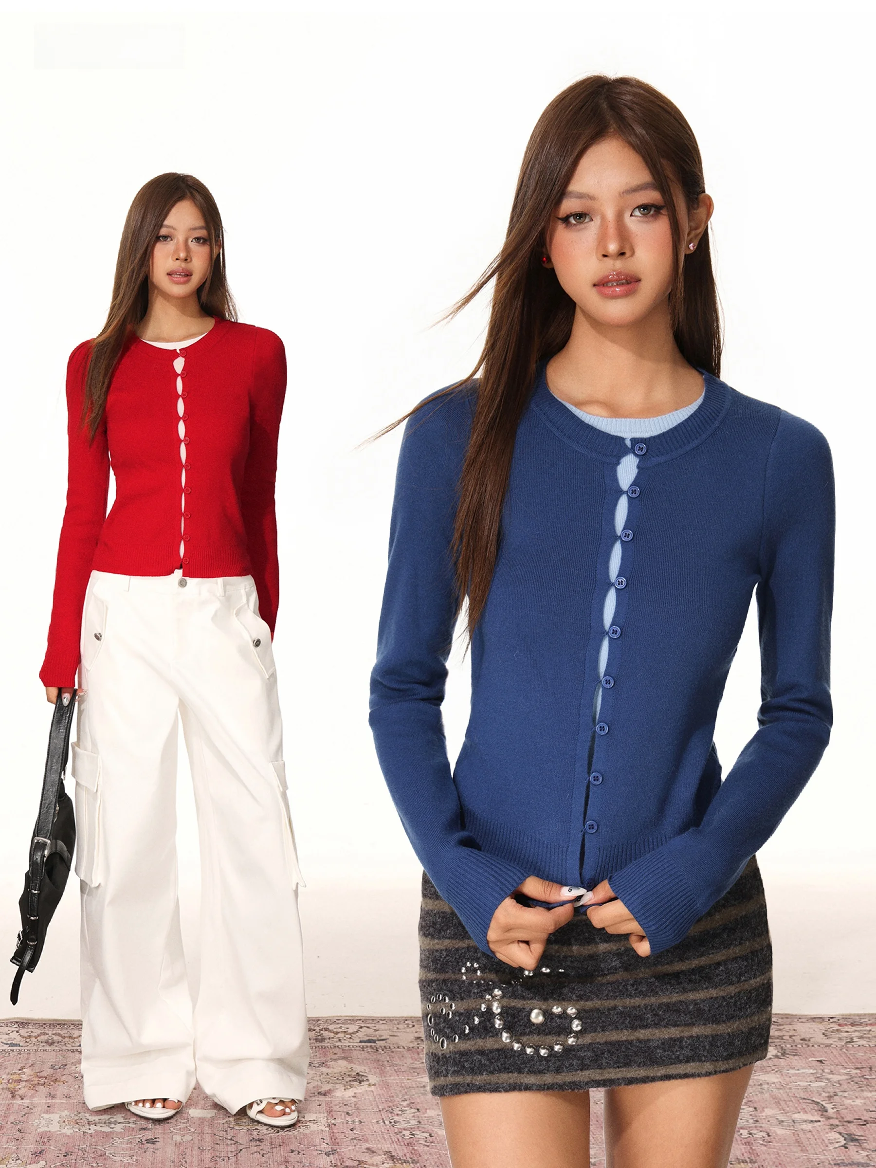 

Color Blo Knitted Sweater Women's Slim Fit Inner Design Casual Cardigan Fake Two-Piece Sweet Sle Long Sve round Ne S...