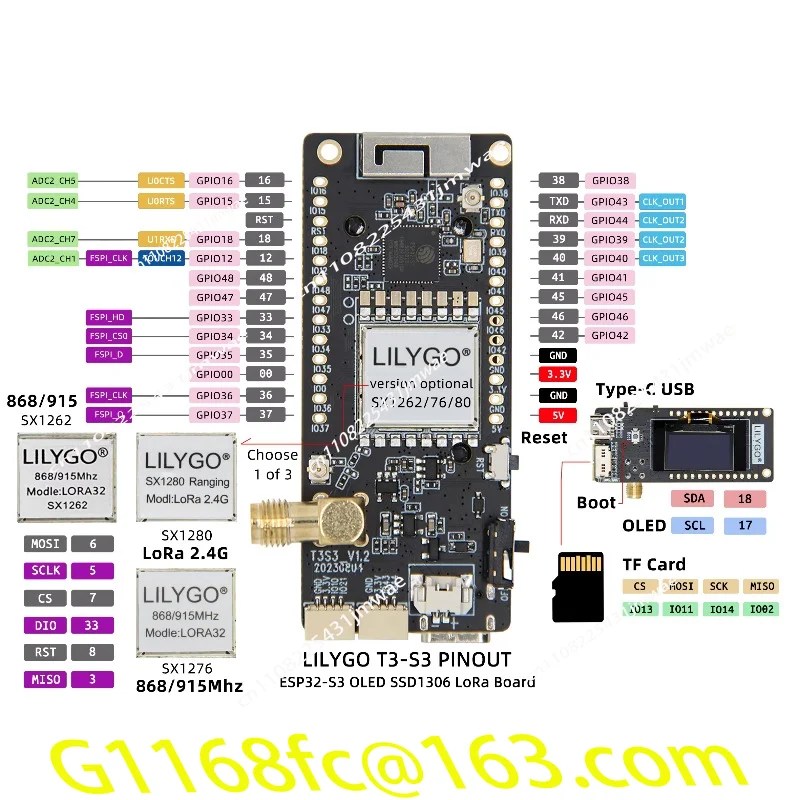 T3S3 V1.2 Meshtastic ESP32-S3 LoRa 868/915Mhz 2.4G WiFi Bluetooth Wireless Development Module with 0.96-inch Diode Display