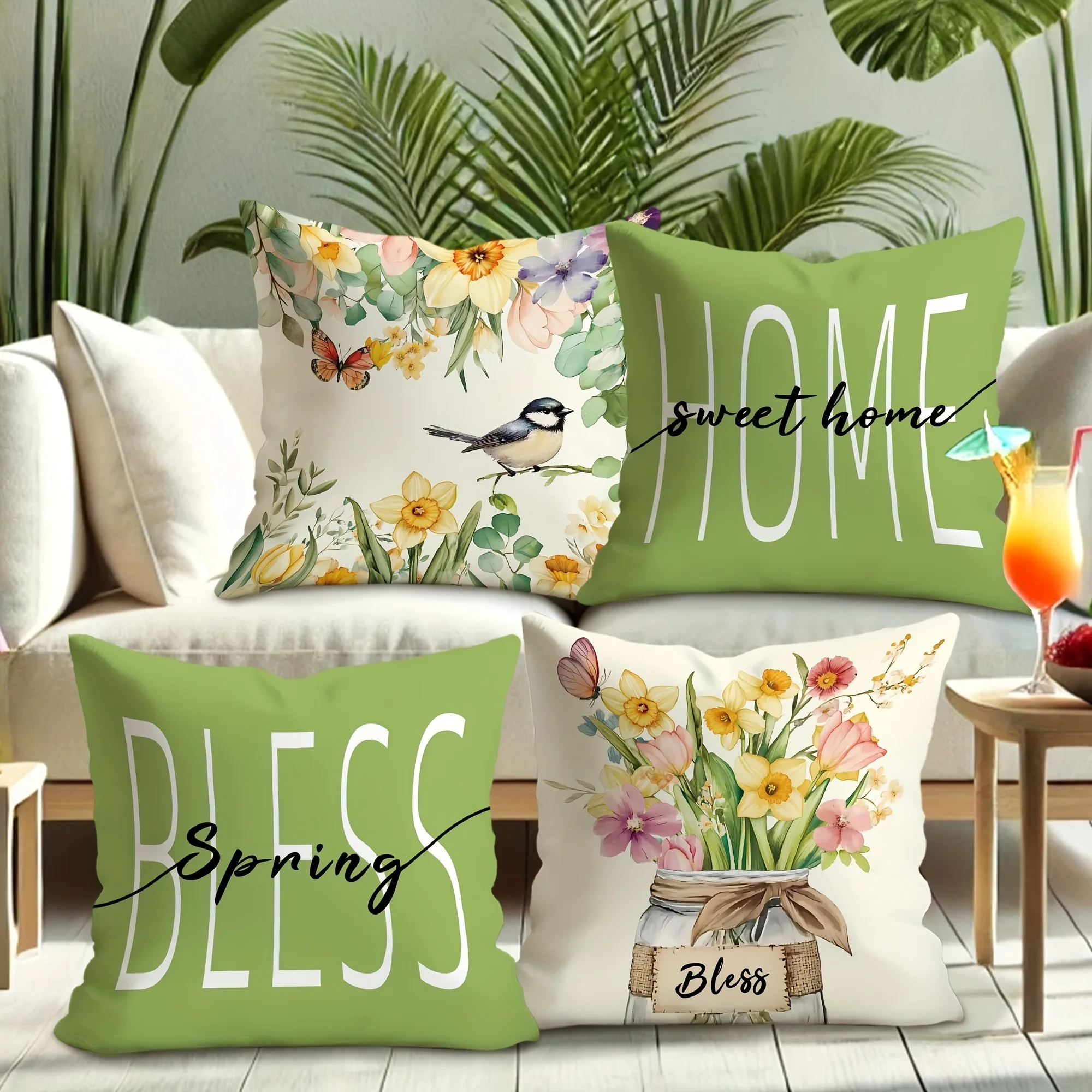 Spring theme pillow cover fresh and warm wind green bird floral print pillowcase sofa chair cushion suite decoration Short plush