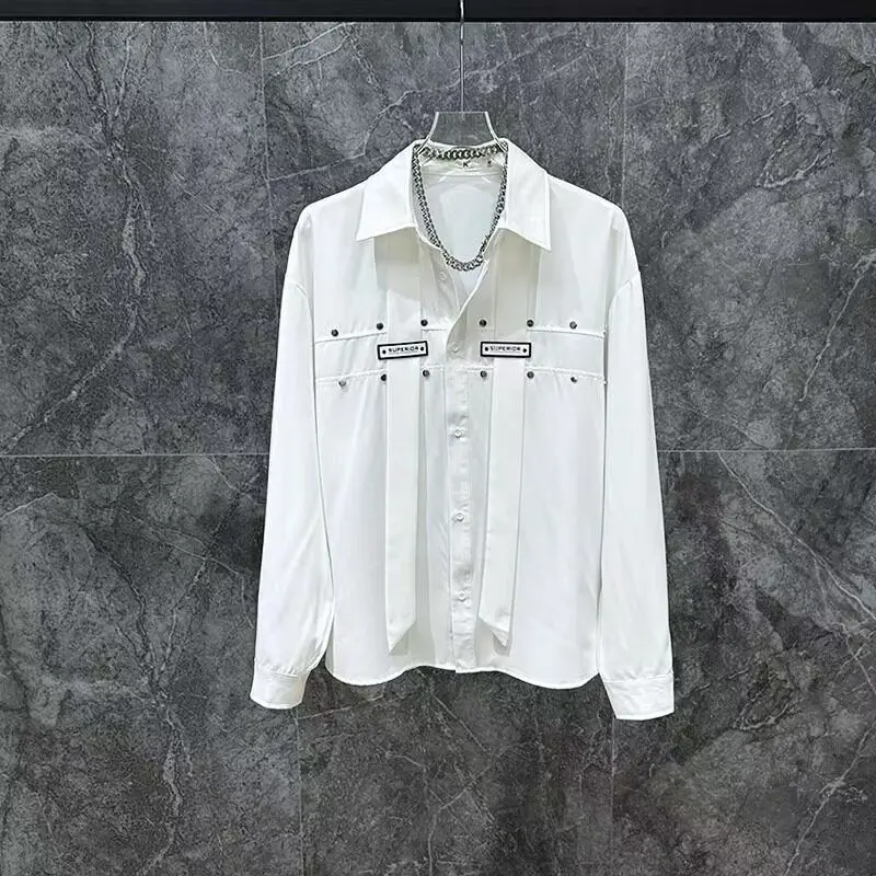 

Spring Autumn Rivet Long Sleeve Shirt For Men's Korean Casual Fashion Loose Solid Color Ribbon Splicing Design Male Shirts