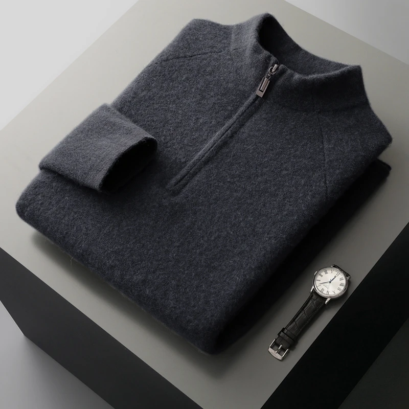 Maglione di cashmere Maglione lavorato a maglia con mezza zip Maglione base con colletto alla coreana da uomo Autunno Inverno Nuovo maglione di lana pullover con strato interno