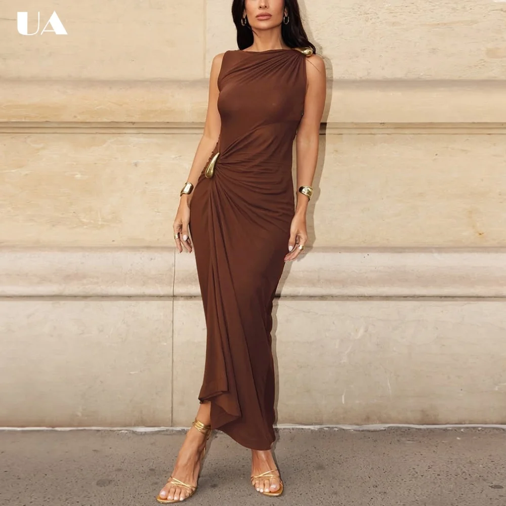 

Fashionable Sheath Boat Neck Sleeveless Maxi Dress, Trendy Draped Party Dress for Woman, Elegant Solid Gathered Long Prom Dress