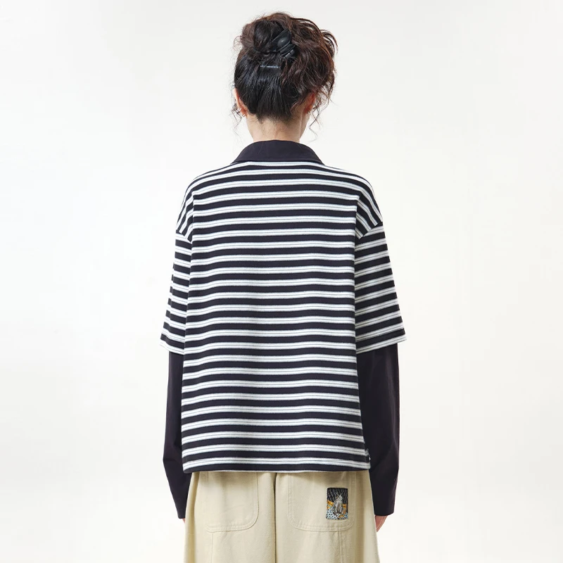 MOVEUP Fake Two Piece Long Sleeve Tee 2026 Autumn Yellow Stripe Polo Collar Top Woven Label Patch Loose Casual T-Shirt 3ELQ10557