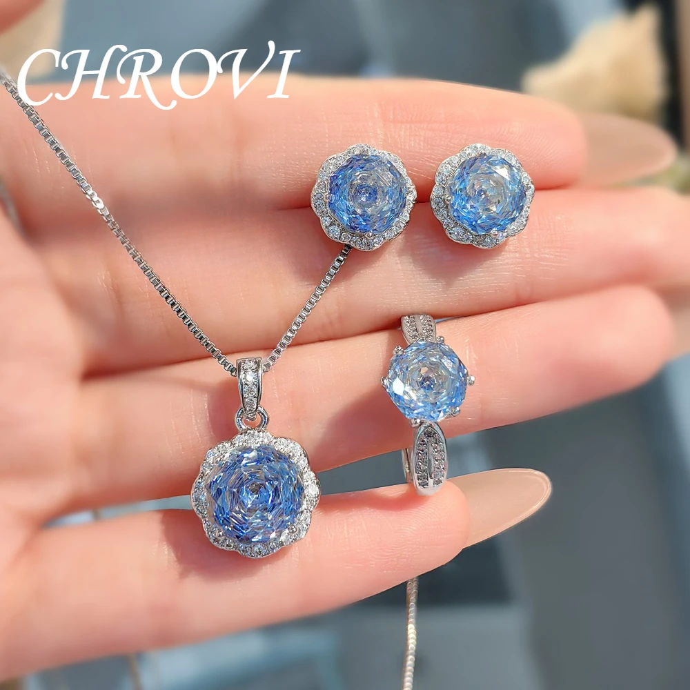 Luxury 925 Sterling Silver Millennium Rose Necklace Pendant Set with High-Carbon Diamond Tanzanite Stud Earrings and Rose Ring