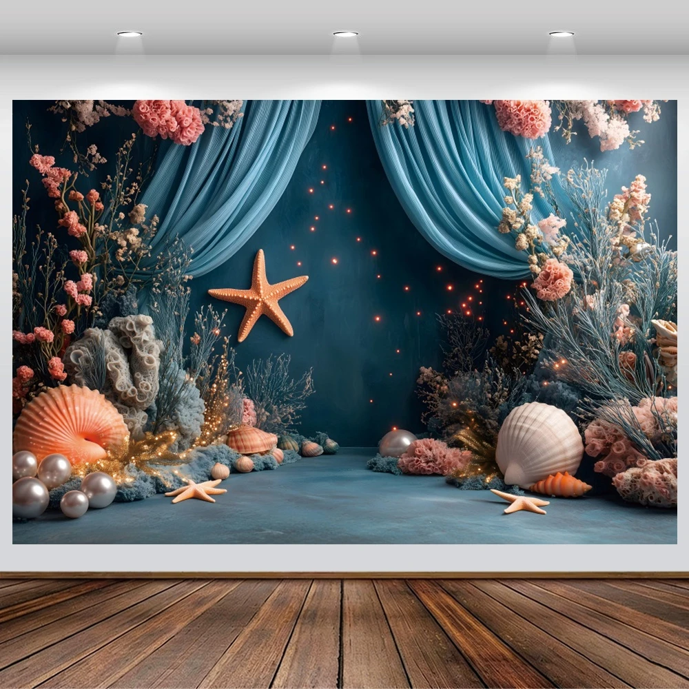 Underwater World Backdrop Seabed Coral Aquarium Baby Birthday Photography Background Pearl Sea Star Shell Decor Studio Prop