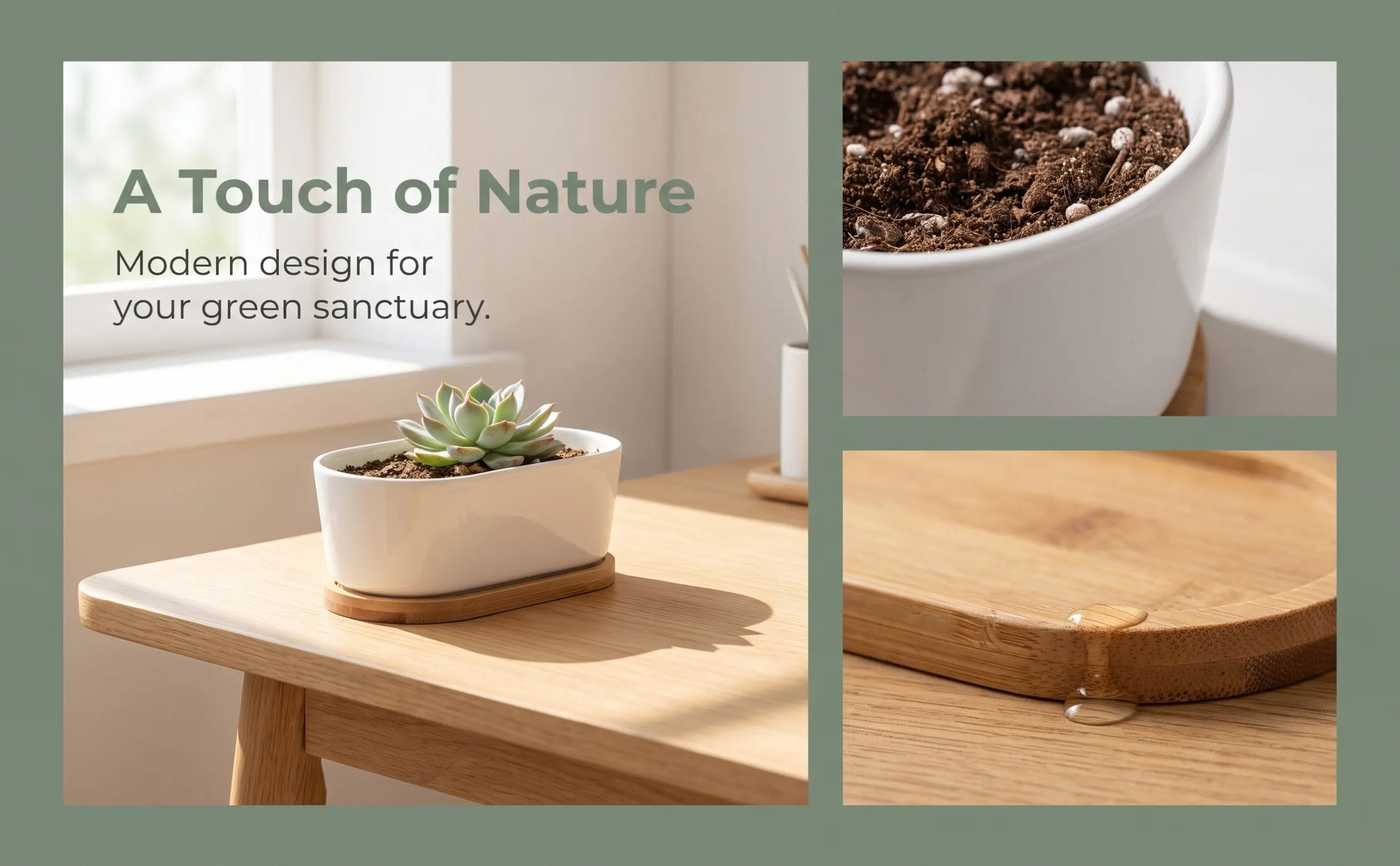 2Pcs Ceramic Bonsai Succulent Plant Pots Rectangular Planters Bamboo Saucers Indoor Garden Desk Decor Draining Hole Eco-Friendly