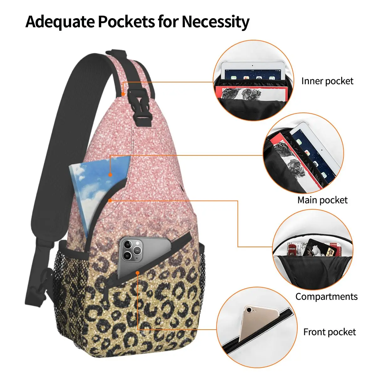 Rose Gold Glitter Black Leopard Crossbody Sling Bags Fashion Chest Bag Shoulder Backpack Daypack Hiking Outdoor Sports Satchel