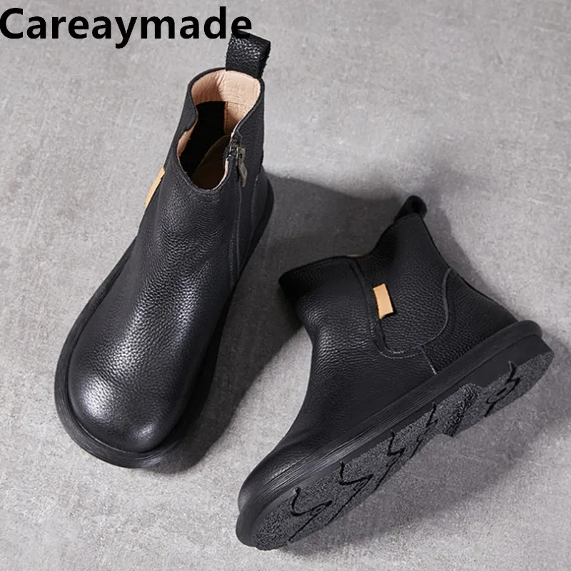 Careaymade-Genuine Leather wide head warm women's boots soft leather side zipper flexible women's short boots single Spring fat