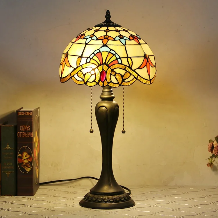 

LongHuiJing Baroque Table Lamps Tiffany Style Stained Glass Lampshade Desk Lamp with Vintage Base