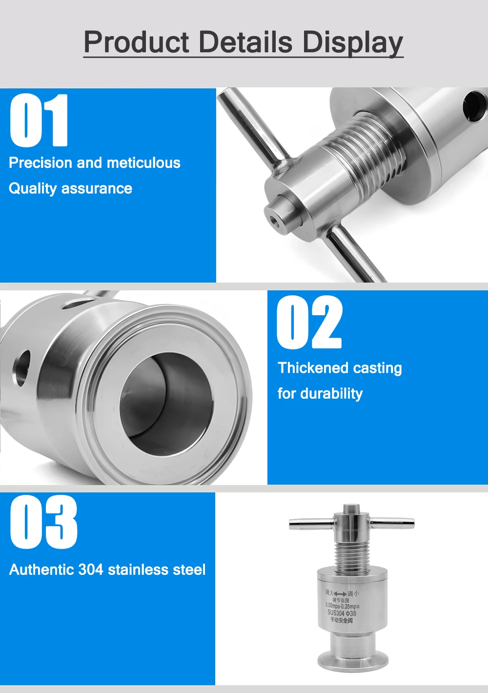صمام لولبي SUS304 Sanitary Tri Clamp Manual Adjustable Safety Relief Valve T-Handle 1.5\ الماء والبخار — تفصيل 1