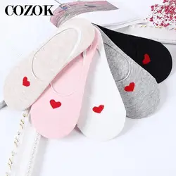 3 Pairs Women Boat Socks Soft Cotton Shallow Mouth Anti-slip Socks Low Cut Female Women Girl Invisible Heart Print Sock Slippers