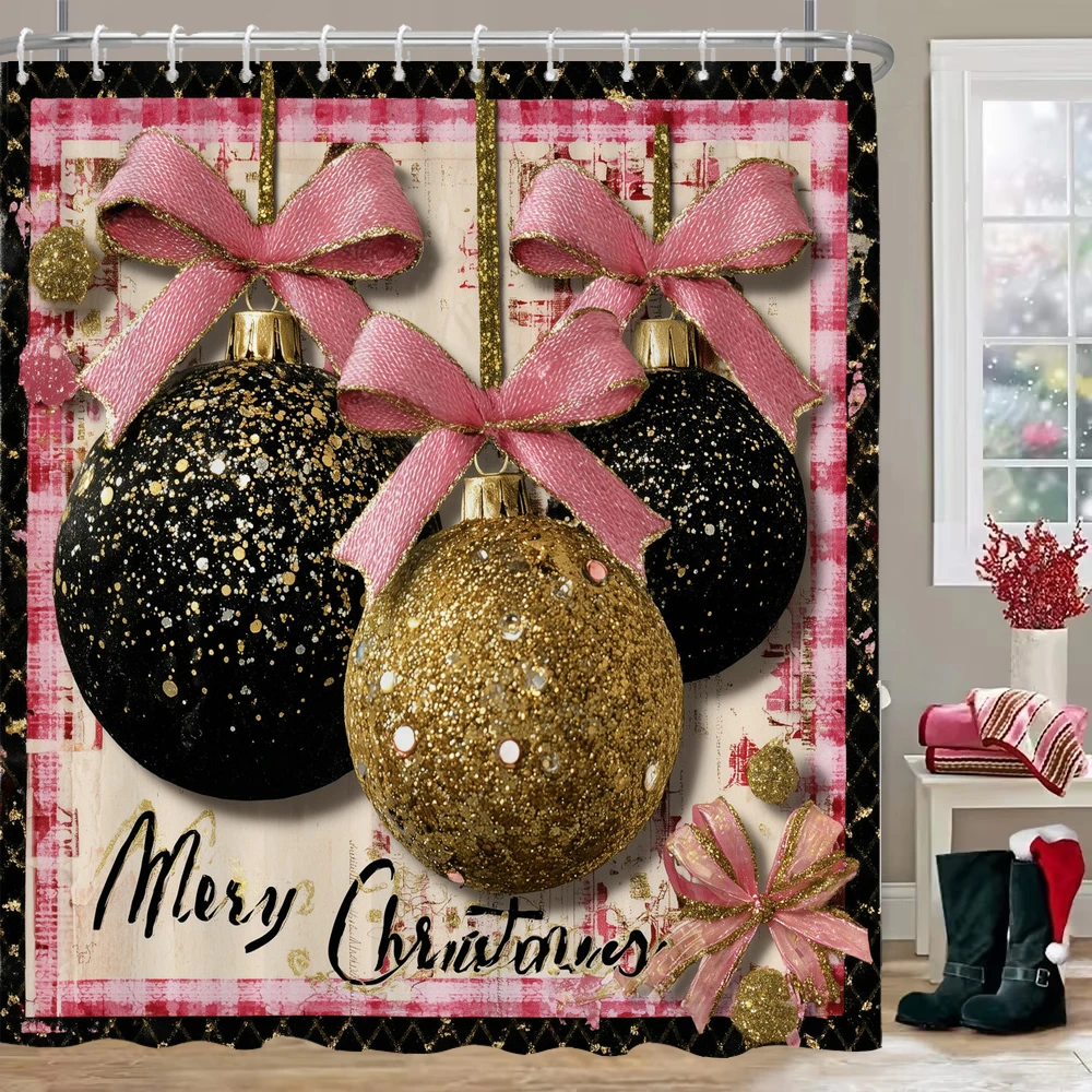 

1pc Christmas Shower Curtains with 12 Hooks Christmas Gift Red Christmas bells Washable Home Bath Curtain Bathroom Decor
