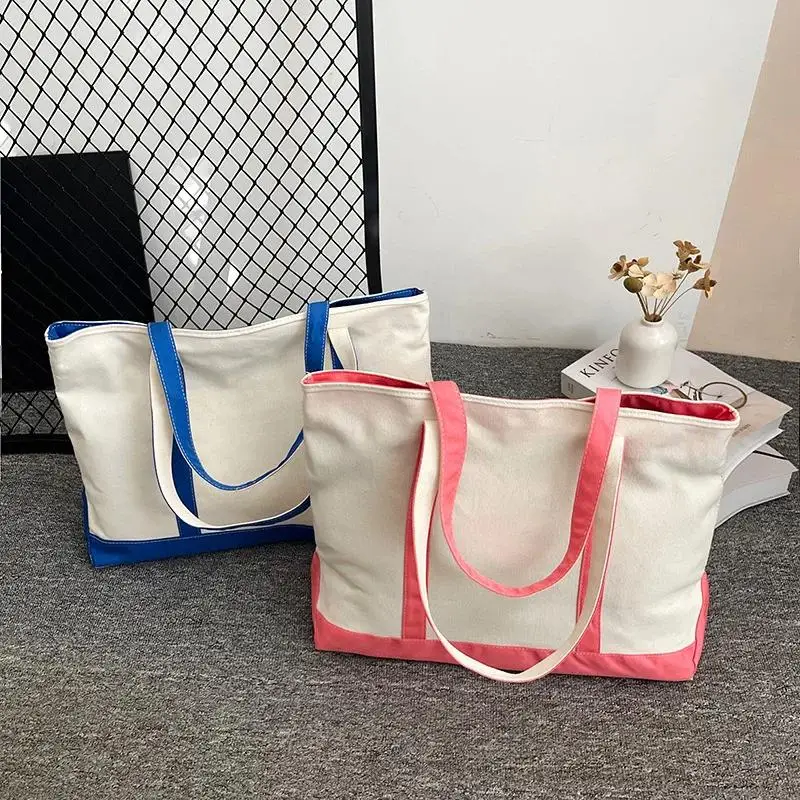 1 Stück Farbige Canvas-Tragetasche mit Verzierungen, Große Kapazität, Lässige Schulterhandtasche, Wiederverwendbare Einkaufstasche für Reisen und Outdoor-Aktivitäten – Detail 2