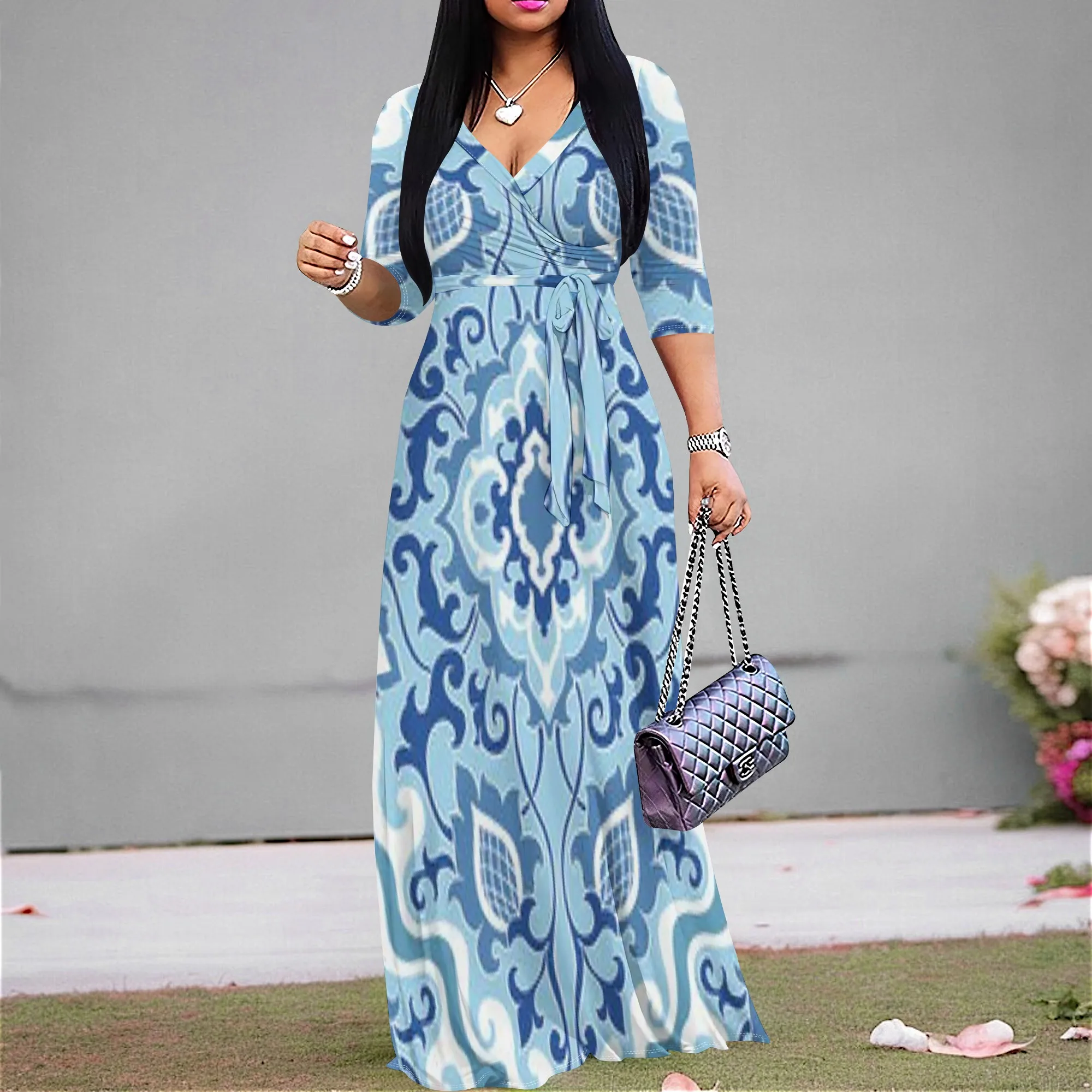 

Elegant Blue & White Pattern Maxi Dress S-3XL V-Neck Statement Print Dress for Cultural Event or Summer Garden Party