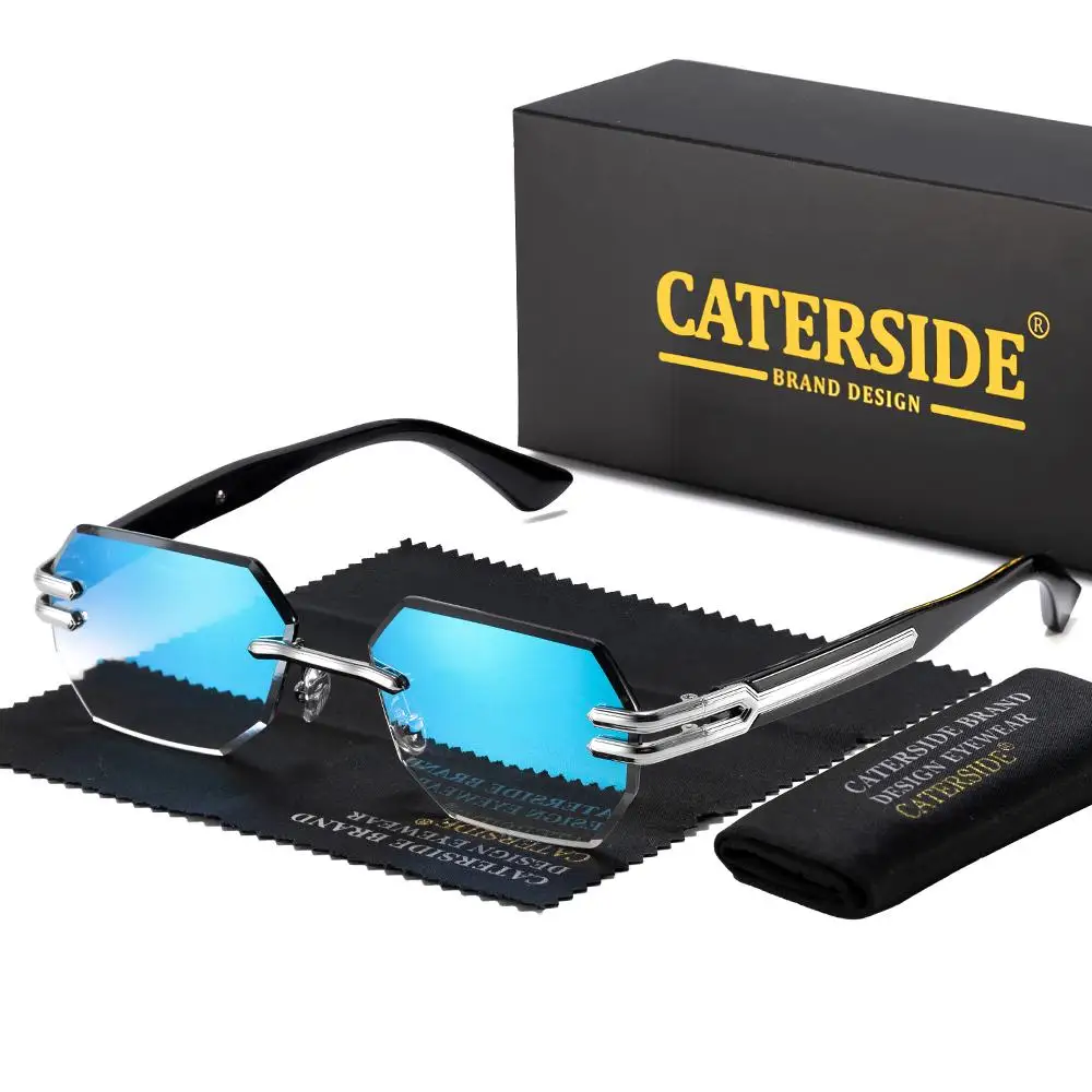 CATERSIDE Neue rahmenlose Sonnenbrille für Herren, modische polygonale Spiegellinsen mit Farbverlauf, Metallrahmen, Damen-Party-Sonnenbrille für den Außenbereich – Detail 5