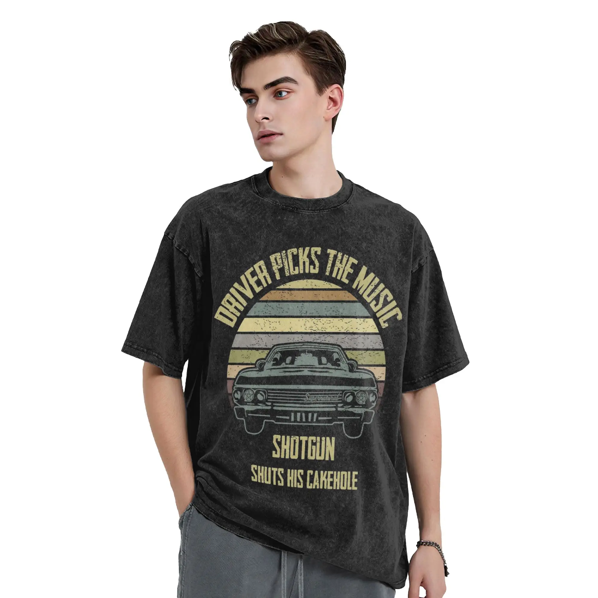 Driver picks the music Supernatural T Shirts Hip Hop Washed Harajuku T-Shirt Fashion Men Women Tops Streetwear Printed Tee Shirt