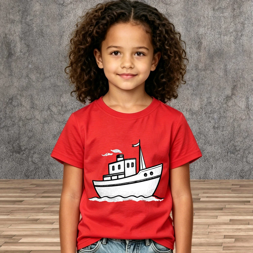 Crew Neck Soft Short Sleeve Cotton Tops Cartoon Ship Print T-Shirt Summer Toddler Boys Girls Tees