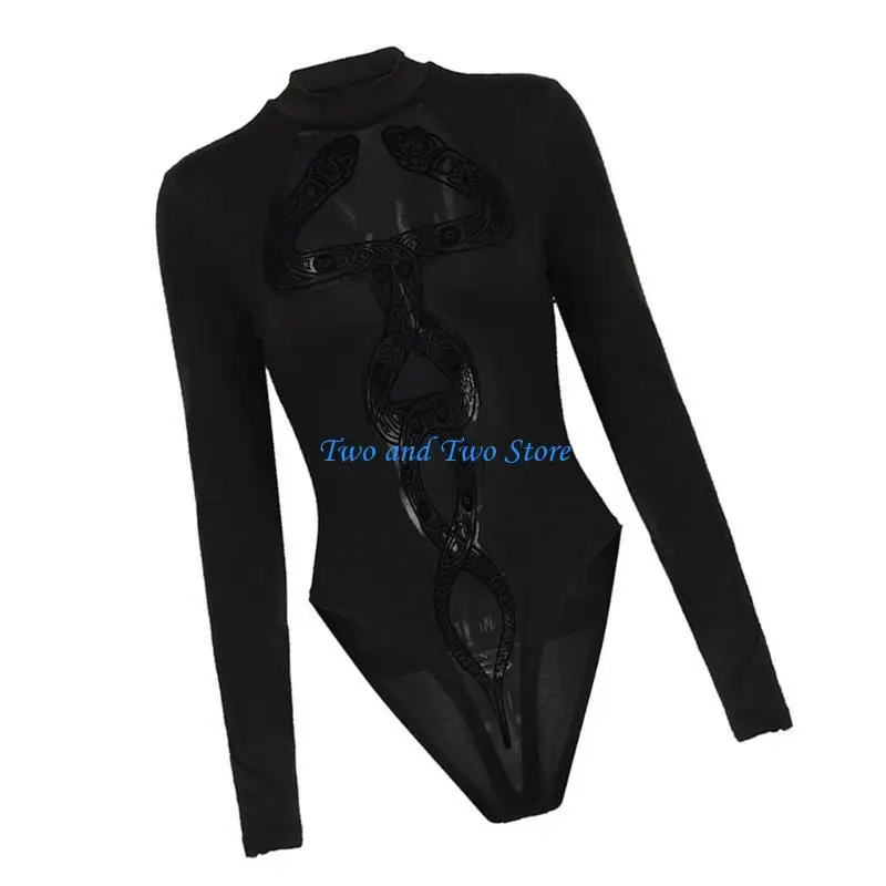 

HX6F Women Sheer Mesh Splicing Jumpsuit Snake Print Long Sleeve Bodysuit Party Outfit