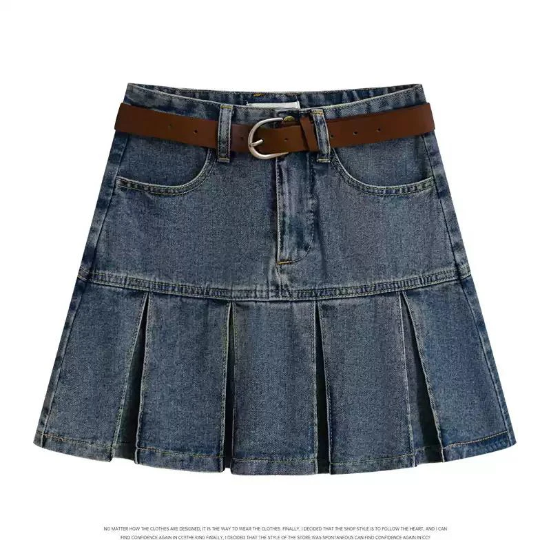 Bomon Y2K Harajuku Spice Girls Denim Pleated Skirt For Women With Hip Proof High-Waisted A-Line Skirt For Spring/Summer Women