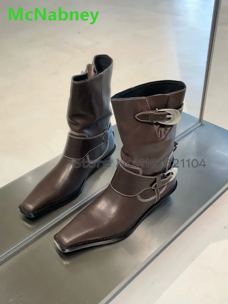 

Metal Buckle Design Leather Boots For Female Women 2024 Winter New Square Toe Square Toe Retro Fashion Casual All-match Shoes