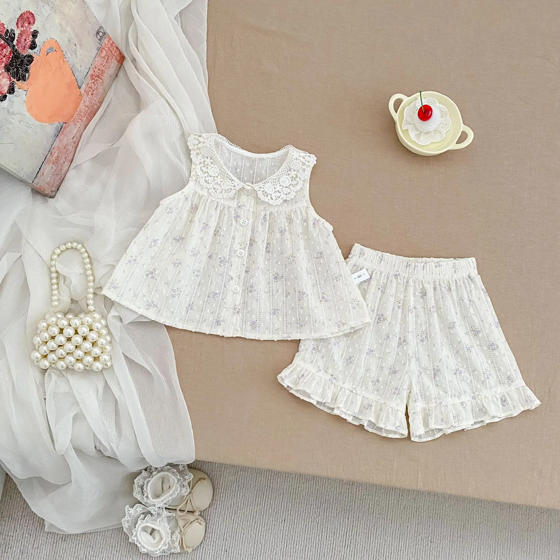 2026 Summer New Girls Sleeveless Clothes Set Cotton Baby Girl Cute Sweet Lace Lapel Shirts + Shorts 2pcs Suit Toddler Outfits