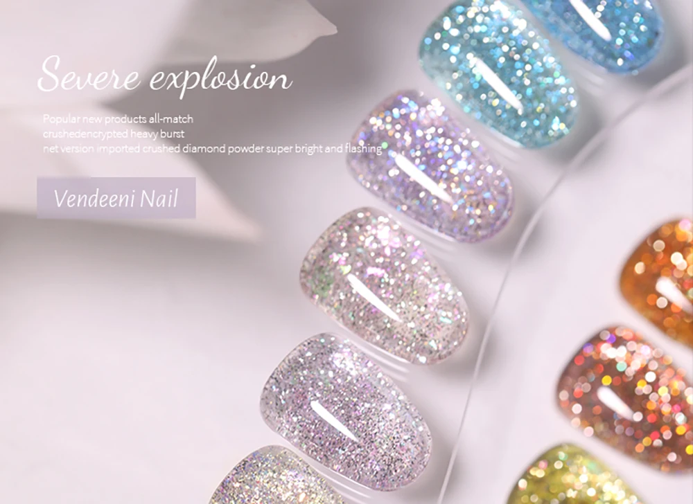 Vendeeni 24 Farben Hochdichter Glitzer-Nagelgel-Lack, Glänzender UV-Gel-Lack für Nagelkunst, Funkelnder UV-Soak-Off-Gel-Lack – Detail 4