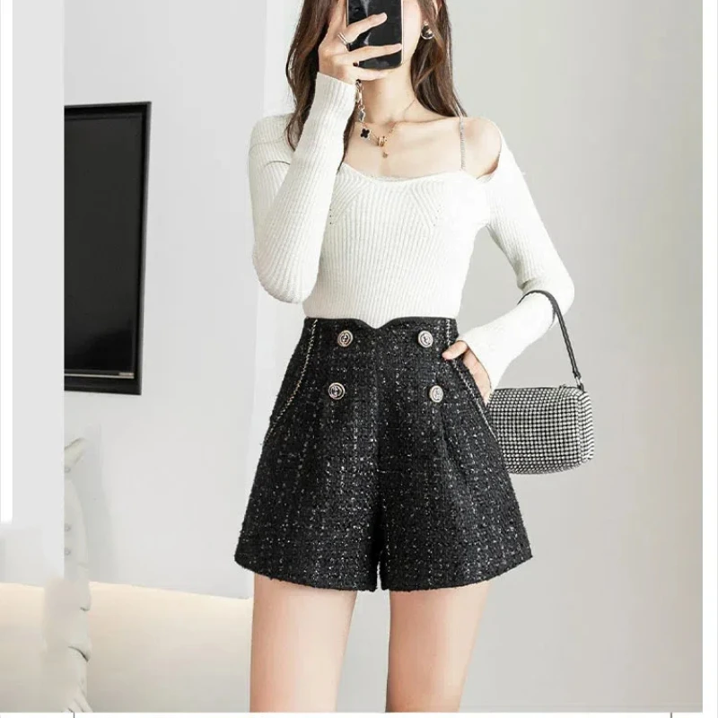 Temperament Autumn New Sweaters New Women's Solid Zipper Double-breasted Pocket Korean Fashion High Waist Loose Wide Leg Shorts