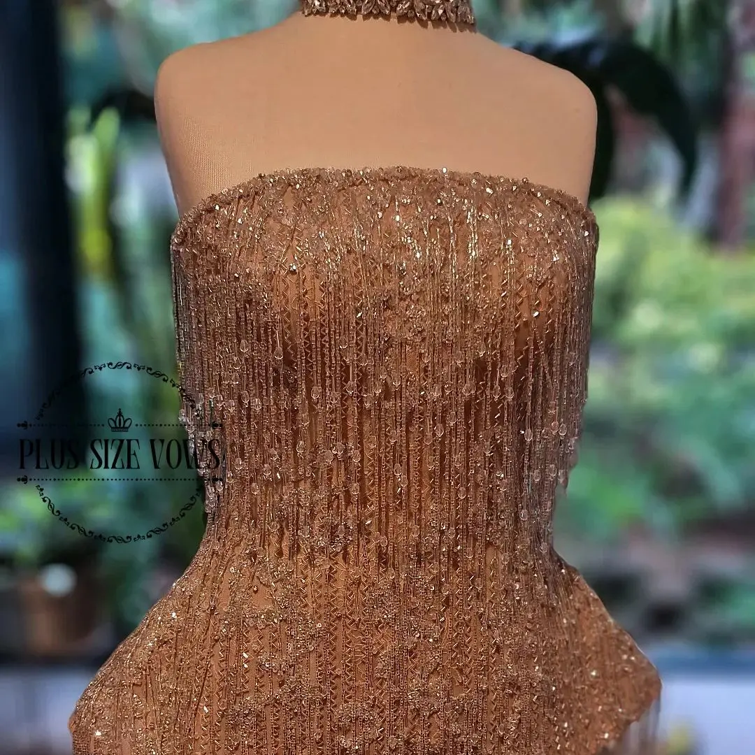 

Plus Size Vows Customized Evening Dresses Handmade Crystals Beading Tassel Strapless Stright Less Sweep Train Midnight Gowns