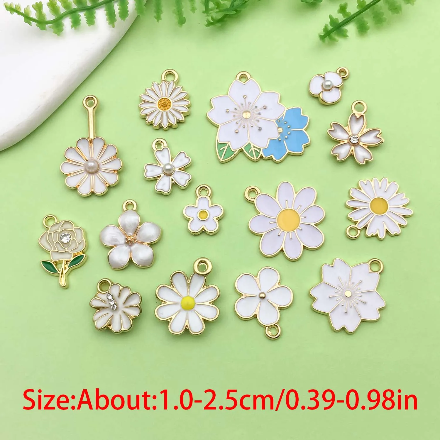 30pcs White Enamel Flower Charms Alloy Small Daisies, Cherry Blossoms, Sunflower Pendants For DIY Jewelry Making Accessories