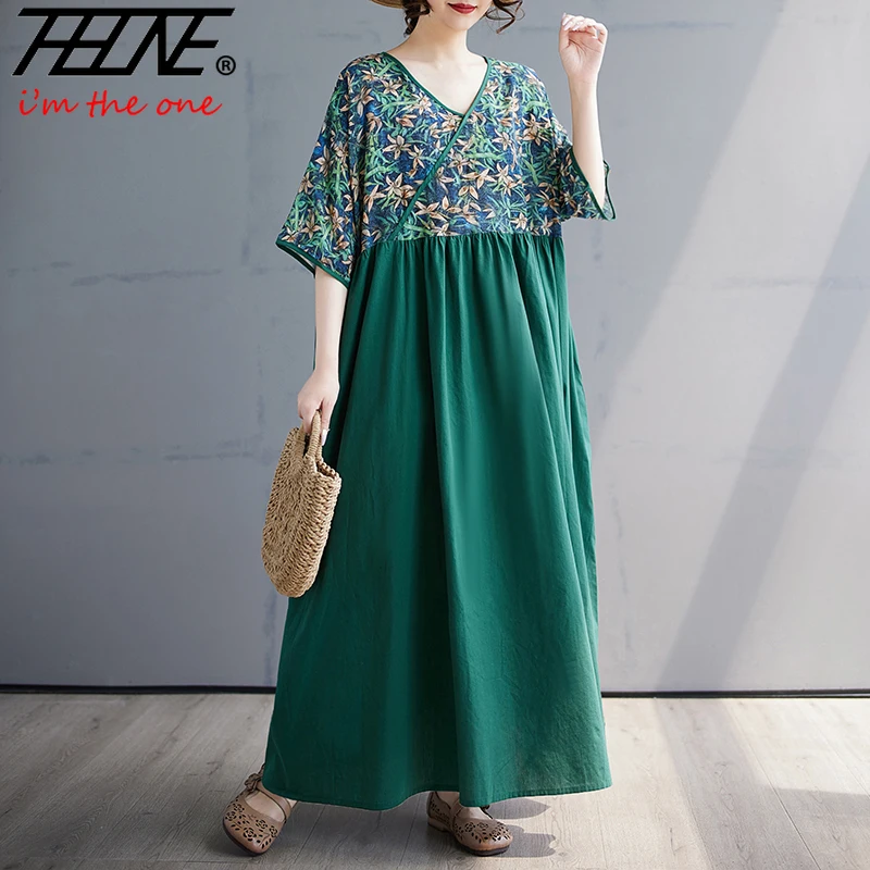 90KG Plus Size Dress for Women Summer Floral Casual Korean Style Loose Vintage Vestidos Para Mujer Robe Print Oversized Dresses