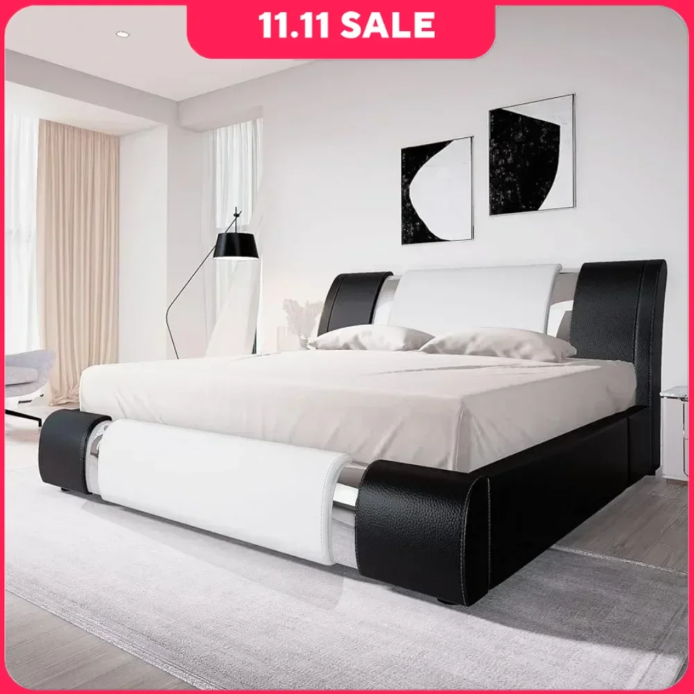 King Size Bed Frame with Iron Plate Upholstery with Adjustable Headboard and Sturdy Wooden Slats, Bed Frame