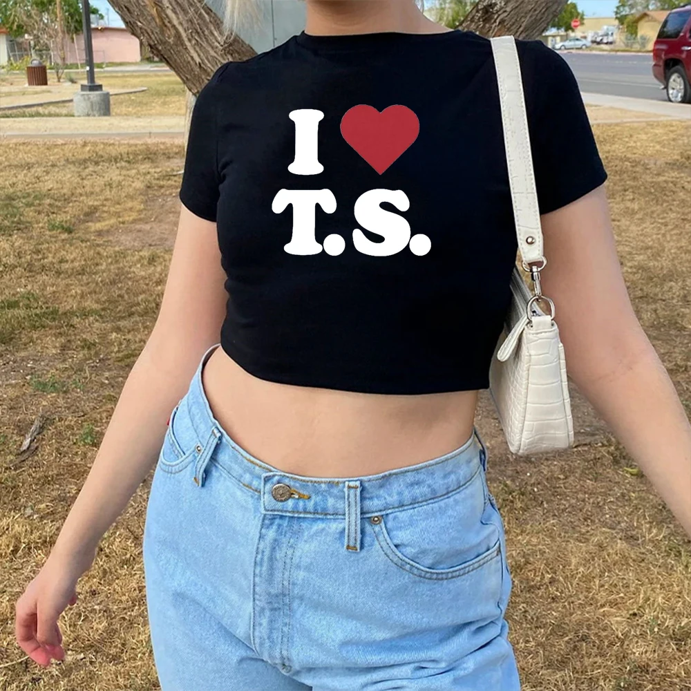 I Love T.S Letters Printing Summer Baby Tees Short Sleeve Slim Cotton Sexy Crop Tops Street Fashion Women Y2K T Shirts