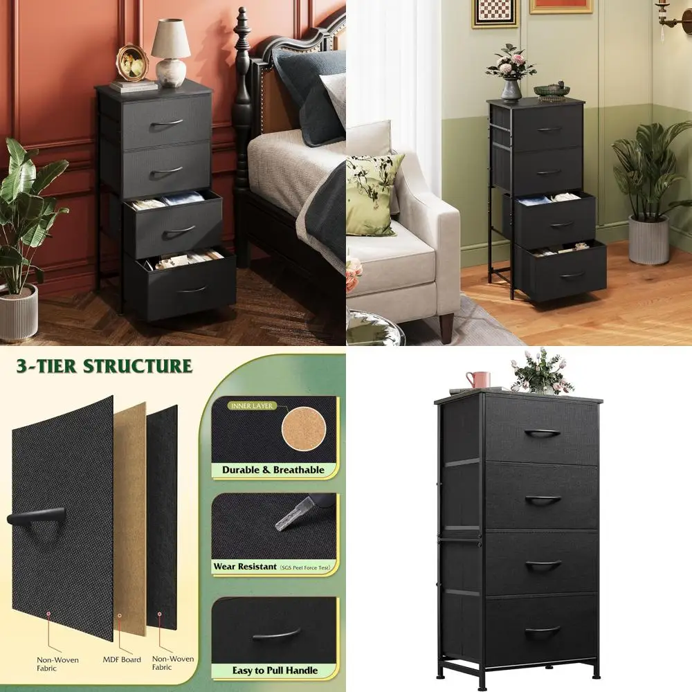 

4-ярусная тканевая полка для хранения с деревянной столешницей, прочным стальным каркасом, удобными ручками, идеально подходит для спален, прихожих и гардеробных.