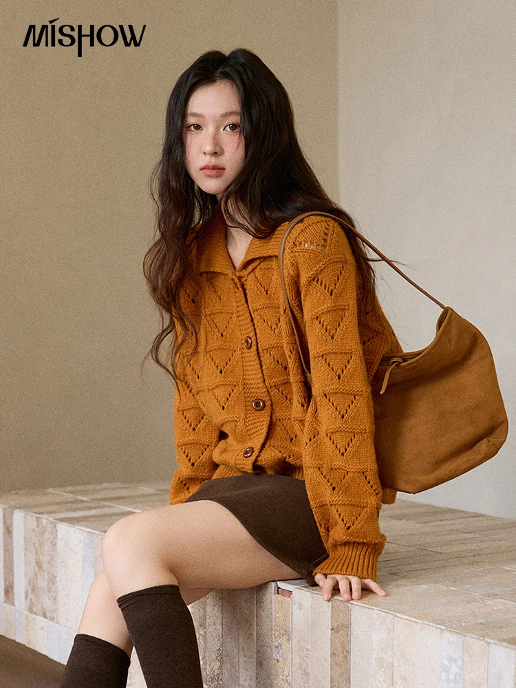 MISHOW سترة نسائية بأكمام طويلة 2025 ريترو برتقالي الماس شكل الجوف خارج سترة فضفاضة ملابس الشتاء النسائية MXE86Z2732 #3