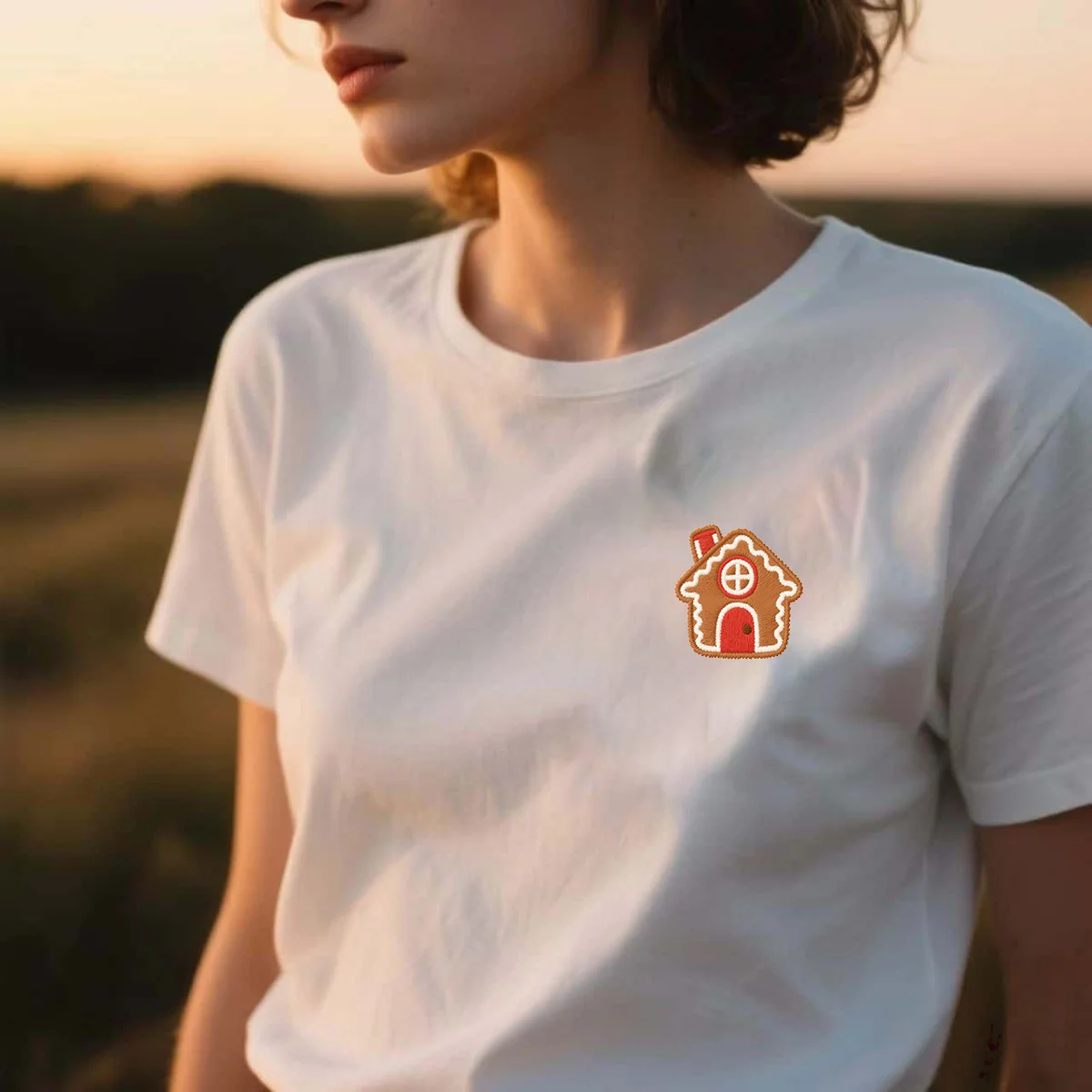 

Luxury Christmas Gingerbread House Embroidery Embroidered Cotton T-shirts For Men & Women – Trendy Top Tees For Daily Wear