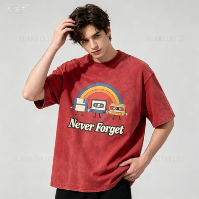 Fashion Men Vintage Cartoon T‑Shirt Retro Anthropomorphic Old Storage Devices Never Forget Print Casual Short Sleeve  Tops