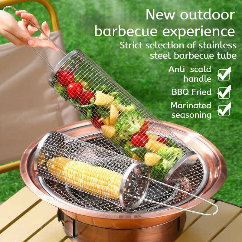 

Portable Stainless Steel Barbecue Cages Grill Basket Camping Picnic Cookware Outdoor Round BBQ Campfire Grid Rolling Grill Baske