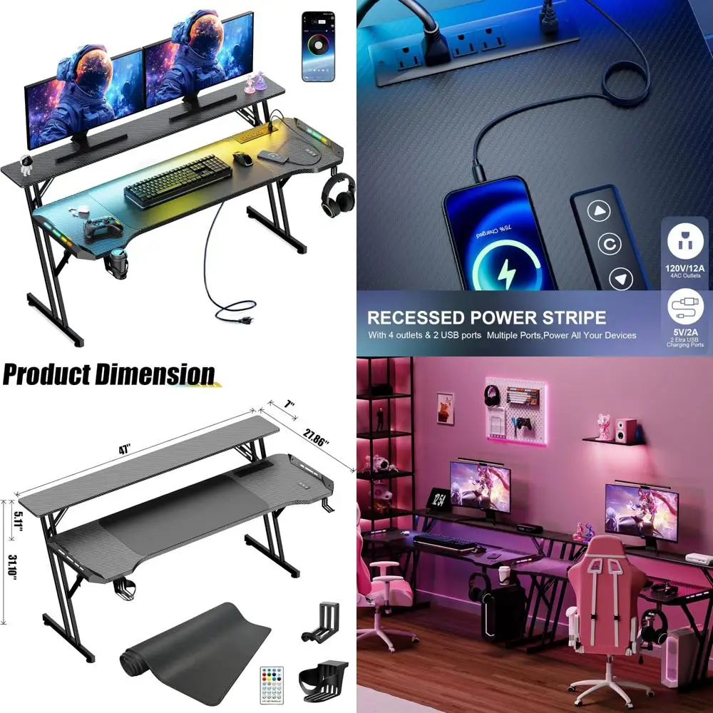 

Игровой стол 47-дюймовый компьютерный стол со светодиодной подсветкой, ковриком для мыши, розеткой и подставкой для монитора для геймеров