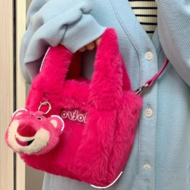 MINISO New Cartoon Disney Lotso Fashion Retro Plush Crossbody Bag Cute Lotso Plush Tote Bucket Bag Kawaii Pendant Girl Gifts