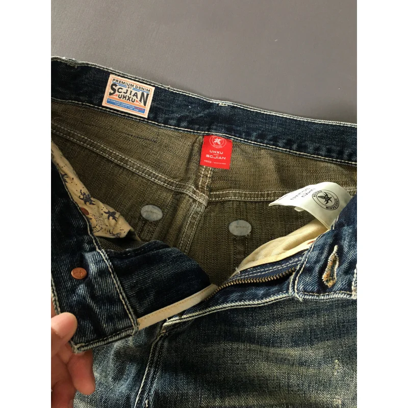 جينز مكسور بفتحة رقعة للرجال ثقيل الوزن من قماش الدنيم القديم أنبوب مستقيم فضفاض 2025 سراويل طويلة راقية جديدة عالية الجودة #5