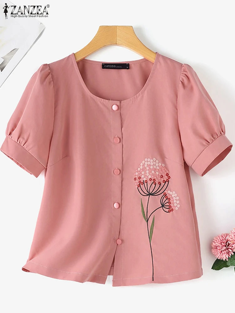 ZANZEA-camisas bordadas florais vintage para mulheres, blusa de manga curta, tops de festa, camisa solta casual, botões para cima, verão