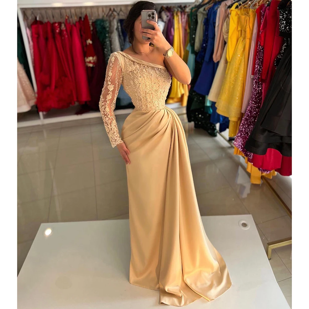 Custom Made Elegant One Shoulder Lace Beading Evening Dress Sheath Backless Long Sleeve Modern Prom Party Dress with Train