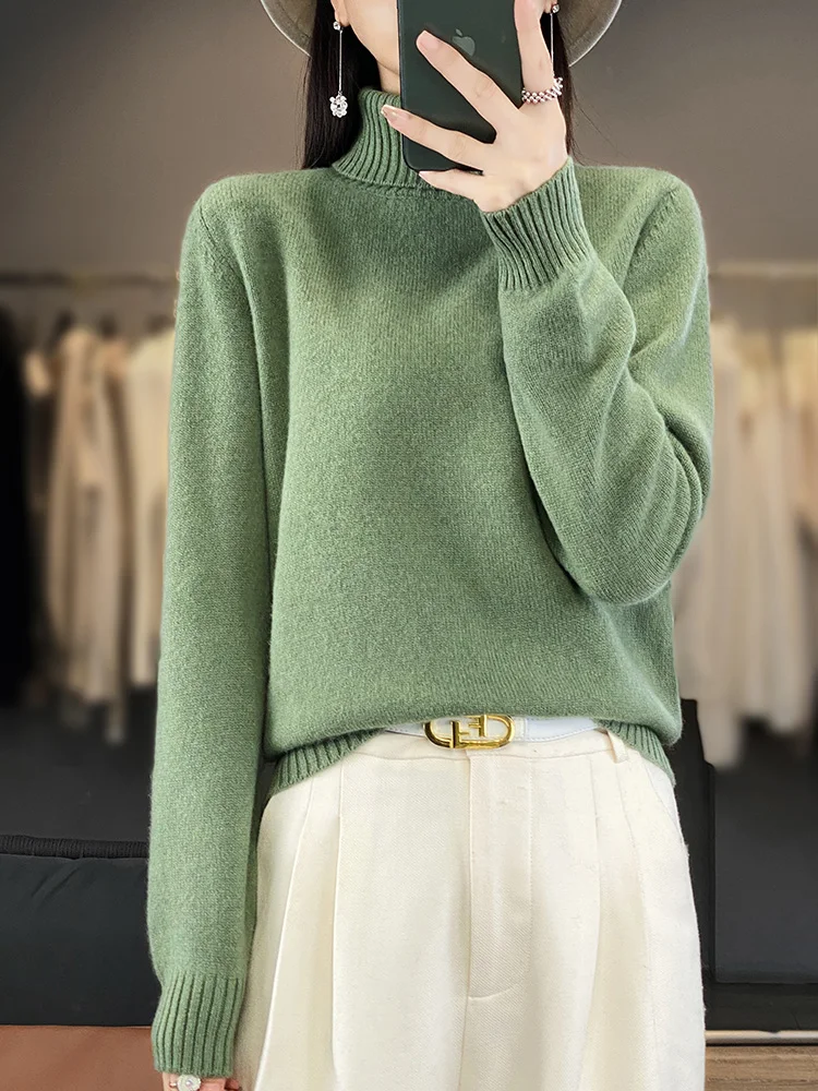 

100% Merino Wool Women's Pullover High Collar Autumn Winter Thick Warm Casual Base Knitted Cashmere Sweater