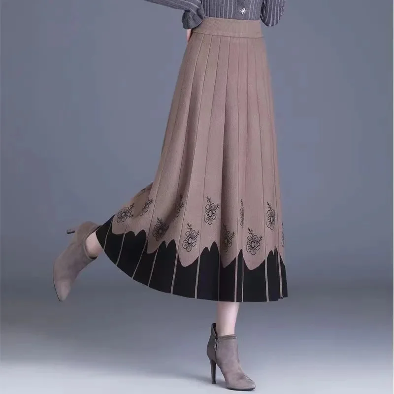 女性の秋冬 A ラインスカートハイウエスト弾性ウエストミッドレングスニットウール大スイングスカートセータースカート Mujer スカート