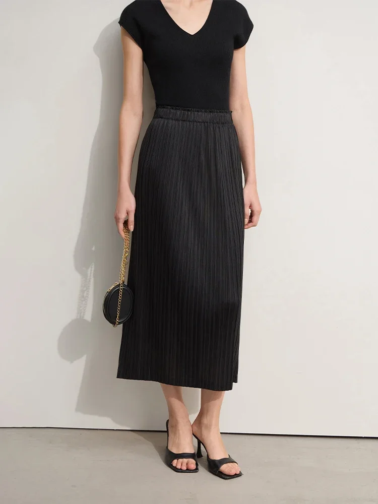 

AMII минимализм женская юбка офисная женская осень 202, новая однотонная прямая повседневная плиссированная юбка с эластичной резинкой на талии, длинная 12342617